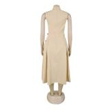 Khaki Sleeveless Single Breasted Pleated Fashion Casual Midi Dress