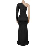 Black One Sleeve Cut Out Bodycon Evening Party Maxi Dress