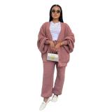 Pink Two Pieces Knitted Cardigan Sweaters Pant Sets Casual Dress