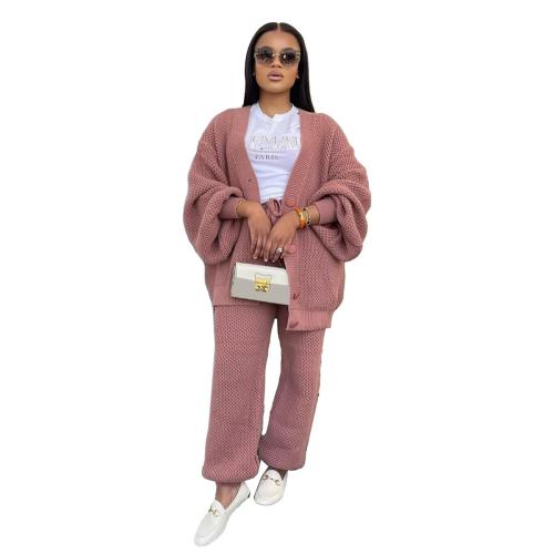 Pink Two Pieces Knitted Cardigan Sweaters Pant Sets Casual Dress