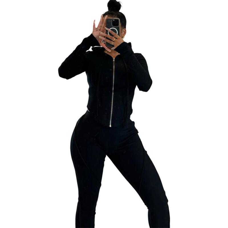 Black Two Pieces Striped Bodycon Casual Sports Long Pant Sets 003