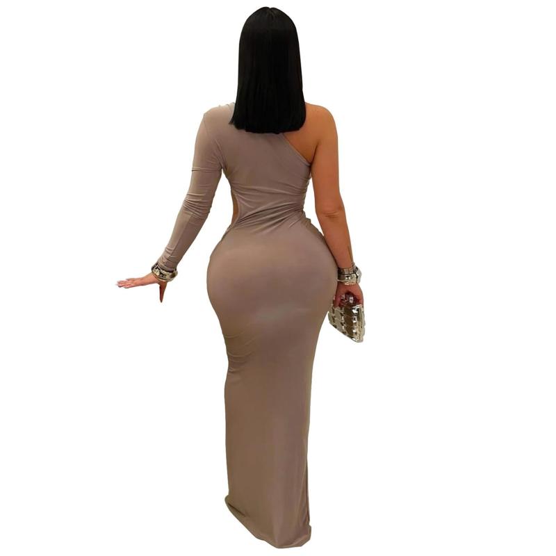 Khaki One Sleeve Cut Out Bodycon Evening Party Maxi Dress