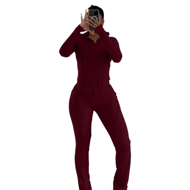 Claret Two Pieces Striped Bodycon Casual Sports Long Pant Sets