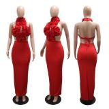 Red Halter Neck 3D Flowers Floral Backless Lace Up Sexy Women Maxi Dress