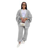 Gray Two Pieces Knitted Cardigan Sweaters Pant Sets Casual Dress