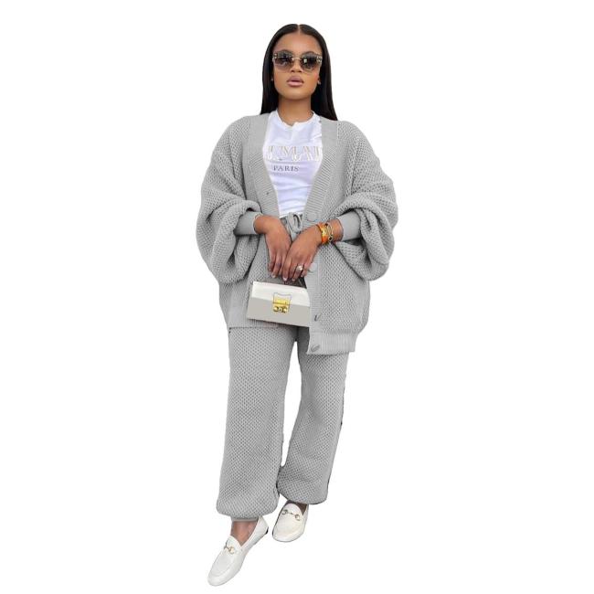 Gray Two Pieces Knitted Cardigan Sweaters Pant Sets Casual Dress