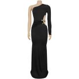 Black One Sleeve Cut Out Bodycon Evening Party Maxi Dress