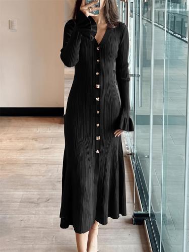 Black Striped Sleeveless Knitting Single Breasted Women Maxi Dress
