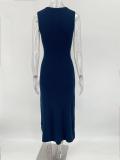 Royal Blue Striped Sleeveless Knitting Single Breasted Women Maxi Dress