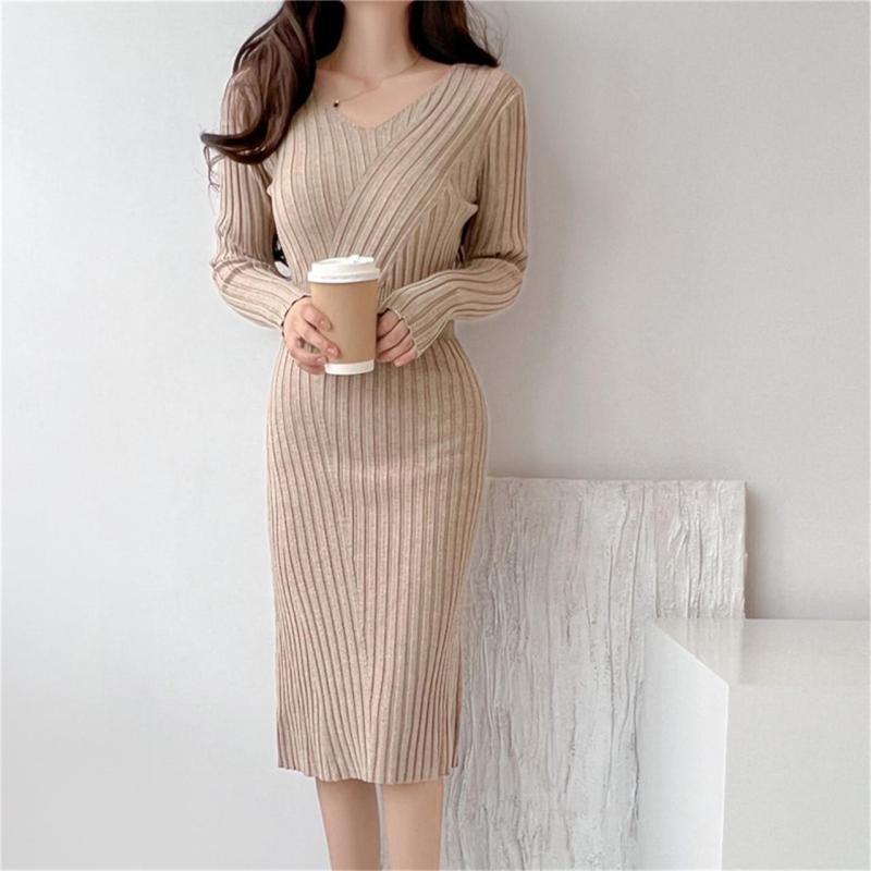 Khaki Long Sleeve Bodycon Elegant Yong Lady Midi Dress