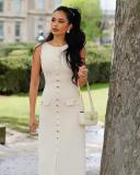 Apricot Striped Sleeveless Knitting Single Breasted Women Maxi Dress