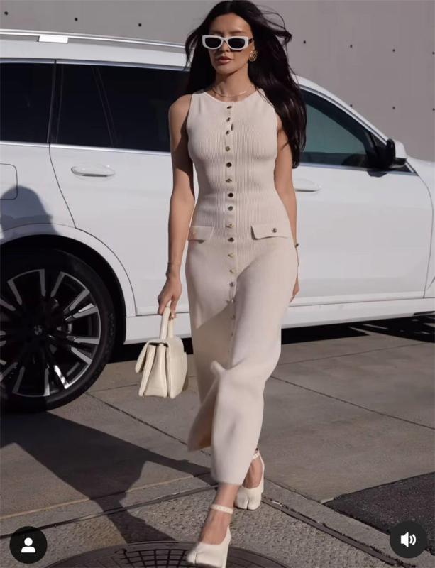 Beige Striped Sleeveless Knitting Single Breasted Women Maxi Dress