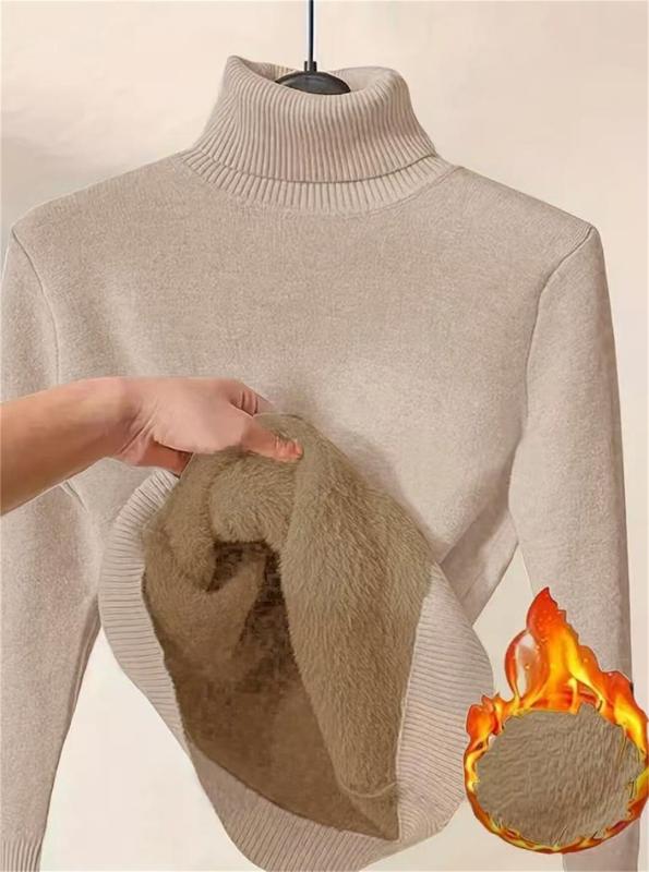 Khaki Long Sleeve Knitted Velvet Turtleneck Winter Women Fashion Sweaters