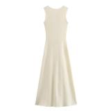 Apricot Striped Sleeveless Knitting Single Breasted Women Maxi Dress