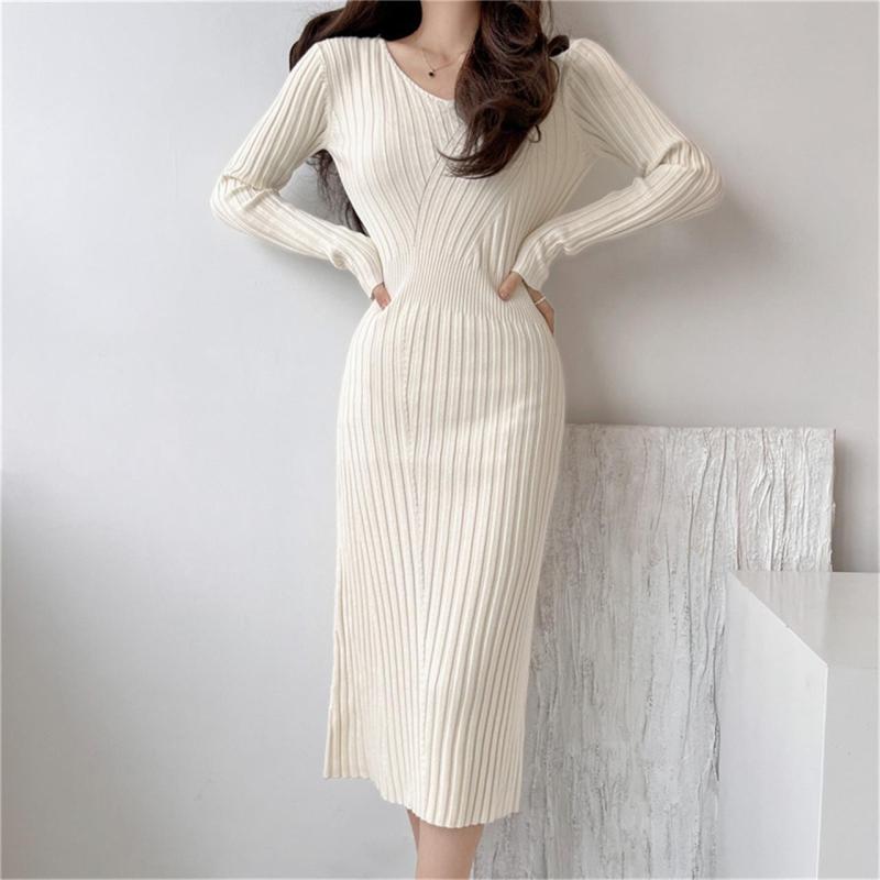 Apricot Long Sleeve Bodycon Elegant Yong Lady Midi Dress