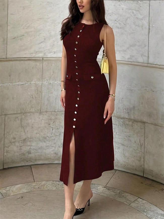 Claret Striped Sleeveless Knitting Single Breasted Women Maxi Dress