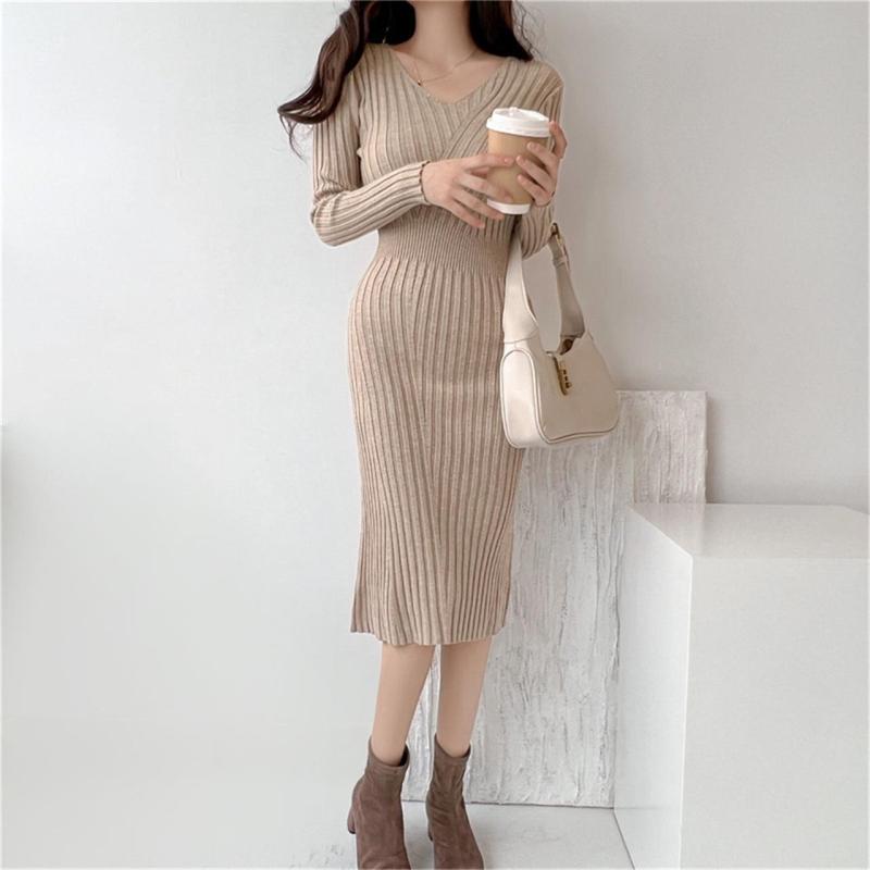 Khaki Long Sleeve Bodycon Elegant Yong Lady Midi Dress