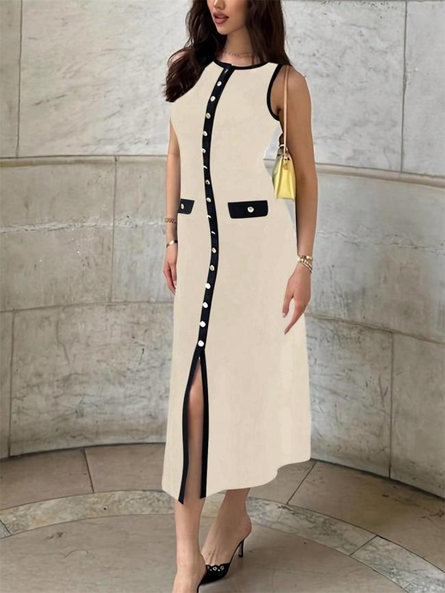 Beige Striped Sleeveless Knitting Single Breasted Women Maxi Dress