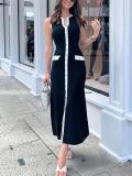 Black Striped Sleeveless Knitting Single Breasted Women Maxi Dress