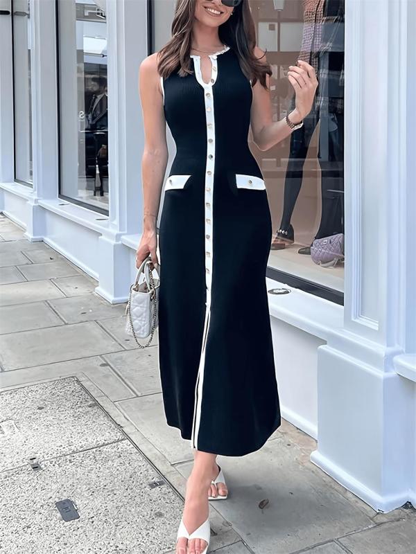 Black Striped Sleeveless Knitting Single Breasted Women Maxi Dress