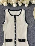Beige Striped Sleeveless Knitting Single Breasted Women Maxi Dress