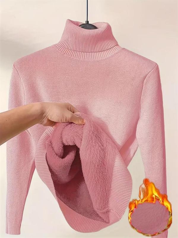 Pink Long Sleeve Knitted Velvet Turtleneck Winter Women Fashion Sweaters