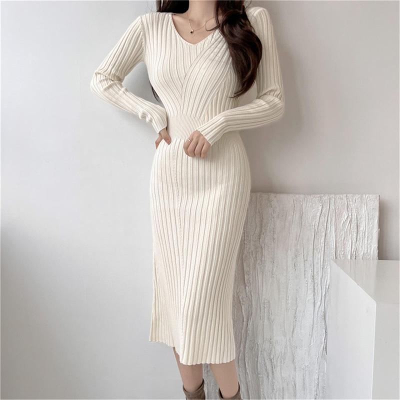 Apricot Long Sleeve Bodycon Elegant Yong Lady Midi Dress