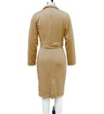 Khaki Long Sleeve Deep V Neck Office Lady Belted Chic Midi Dress