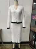 White Two Pieces Knitting Cardigan Striped Pleated Bodycon Women Midi Dress