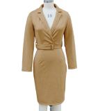 Khaki Long Sleeve Deep V Neck Office Lady Belted Chic Midi Dress