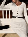 White Two Pieces Knitting Cardigan Striped Pleated Bodycon Women Midi Dress