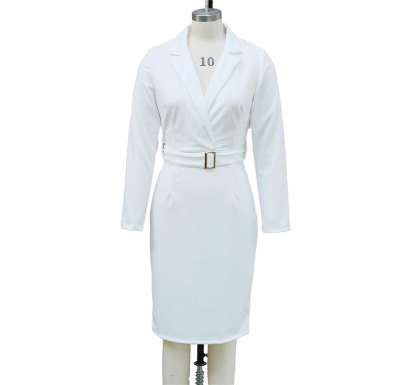 White Long Sleeve Deep V Neck Office Lady Belted Chic Midi Dress