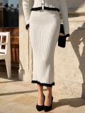 White Two Pieces Knitting Cardigan Striped Pleated Bodycon Women Midi Dress