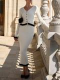 White Two Pieces Knitting Cardigan Striped Pleated Bodycon Women Midi Dress