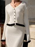 White Two Pieces Knitting Cardigan Striped Pleated Bodycon Women Midi Dress