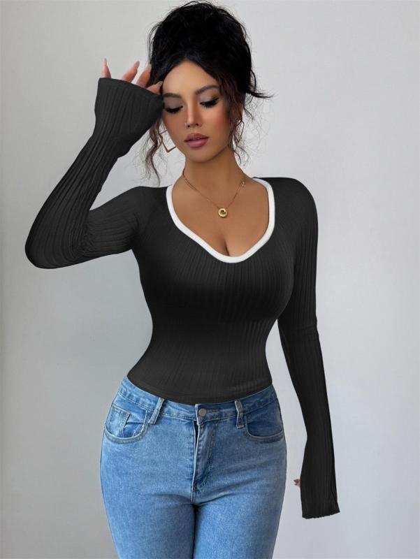 Black Long Sleeve Knitted V Neck Pullover Sweaters Women's T-Skirt
