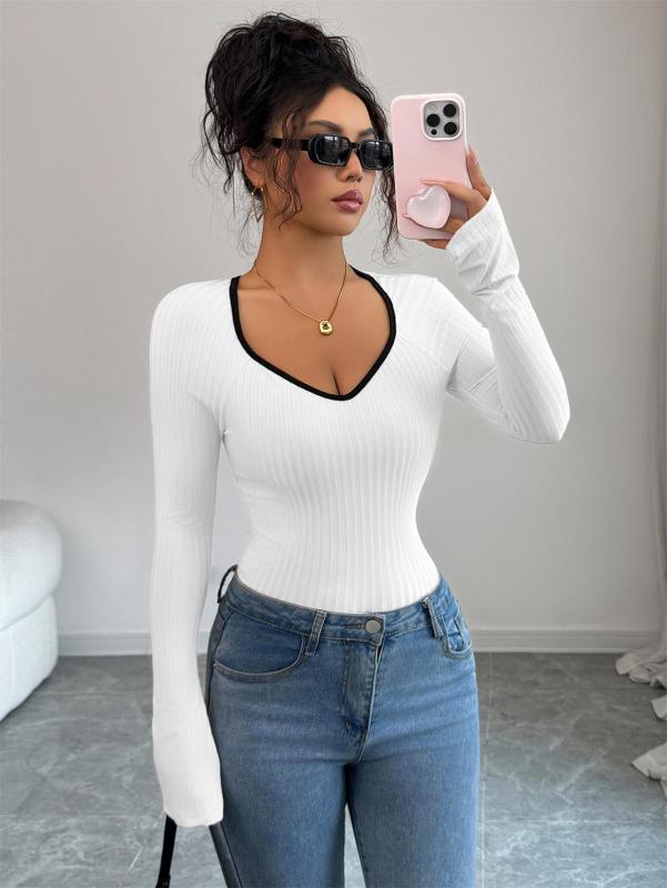 White Long Sleeve Knitted V Neck Pullover Sweaters Women's T-Skirt
