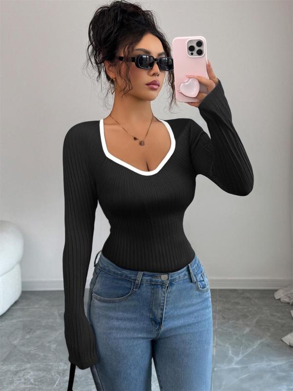 Black Long Sleeve Knitted V Neck Pullover Sweaters Women's T-Skirt