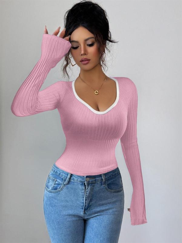 Pink Long Sleeve Knitted V Neck Pullover Sweaters Women's T-Skirt