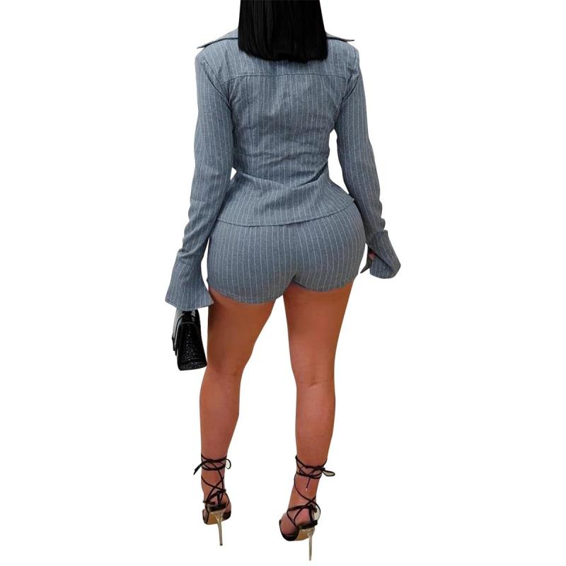 Gray Two Pieces Women's Hot Pants Casual Striped Lape Long Sleeve Front Lace-Up Shirt Shorts