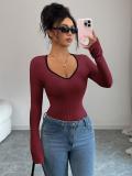 Claret Long Sleeve Knitted V Neck Pullover Sweaters Women's T-Skirt