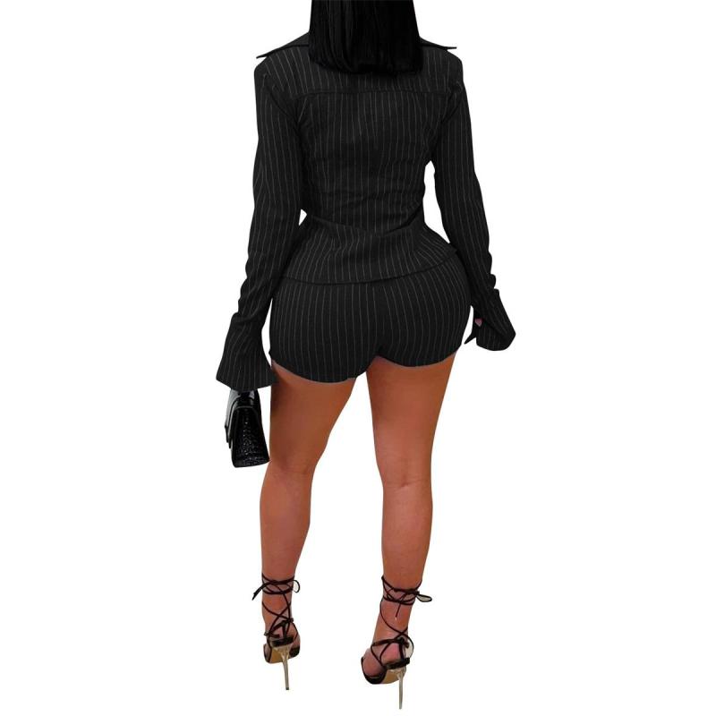 Black Two Pieces Women's Hot Pants Casual Striped Lape Long Sleeve Front Lace-Up Shirt Shorts