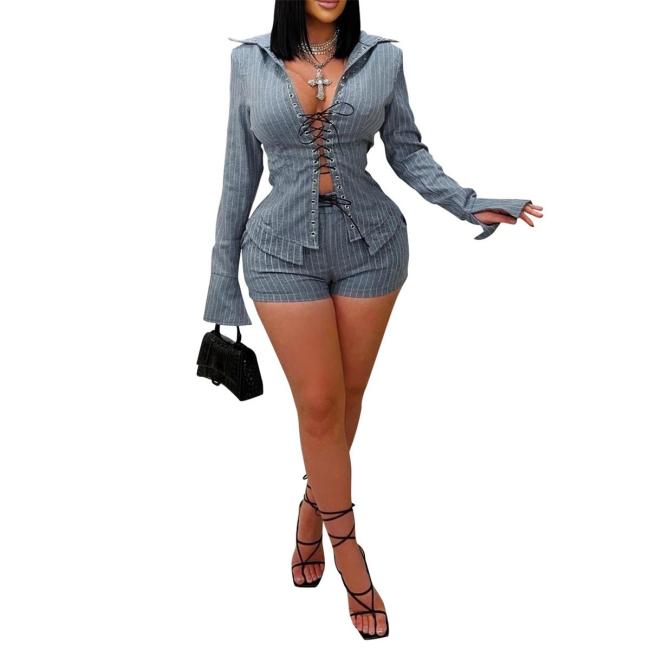 Gray Two Pieces Women's Hot Pants Casual Striped Lape Long Sleeve Front Lace-Up Shirt Shorts