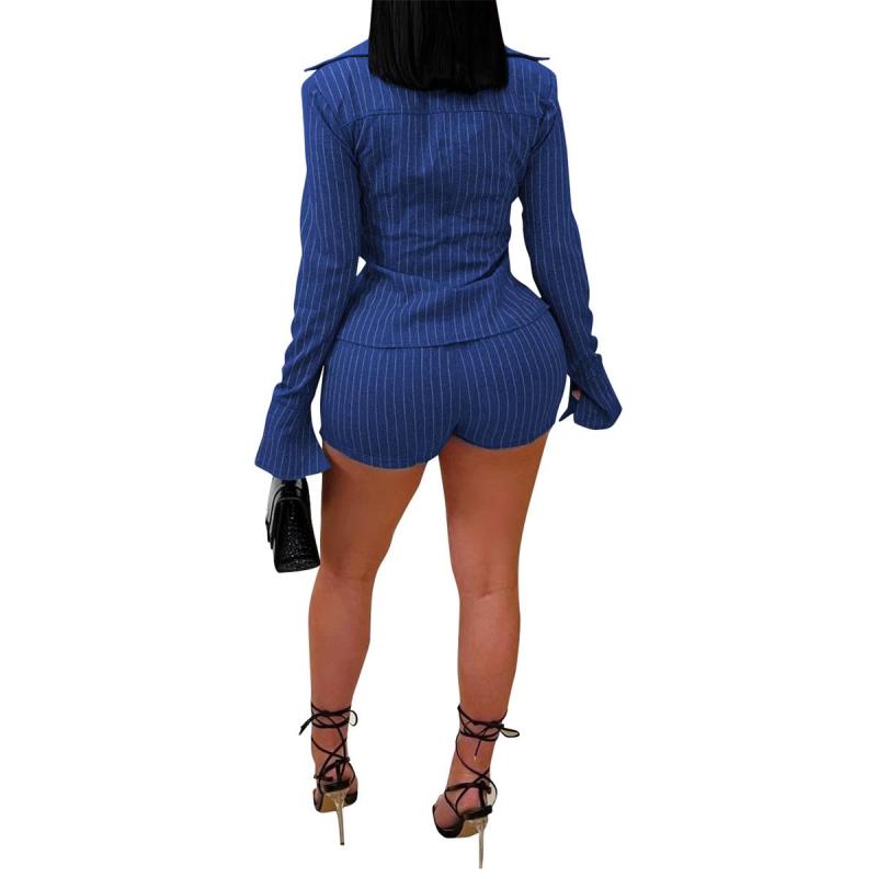 Blue Two Pieces Women's Hot Pants Casual Striped Lape Long Sleeve Front Lace-Up Shirt Shorts