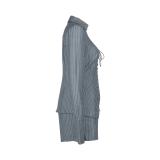 Gray Two Pieces Women's Hot Pants Casual Striped Lape Long Sleeve Front Lace-Up Shirt Shorts