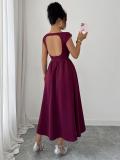 Wine Red Sleeveless O Neck Pleated Evening Party Dress