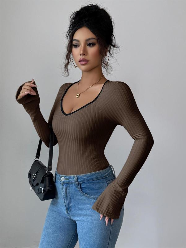 Coffee Long Sleeve Knitted V Neck Pullover Sweaters Women's T-Skirt