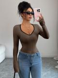 Coffee Long Sleeve Knitted V Neck Pullover Sweaters Women's T-Skirt