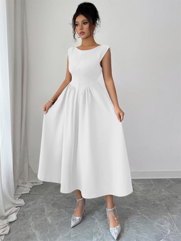 White Sleeveless O Neck Pleated Evening Party Dress