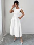 White Sleeveless O Neck Pleated Evening Party Dress